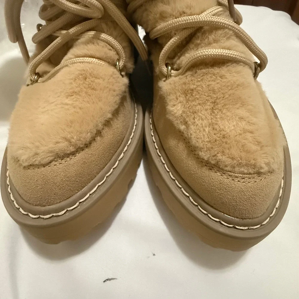 JLO Jennifer Lopez Tan Faux Fur Lined Lace Up Winter Snow Boots Lug Sole 7M 37.5